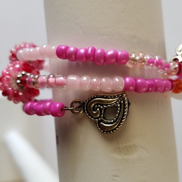 Hand Crafted Memory Wire Wrap Bracelet with Charms Pink/Red Small - Picture 8 of 8